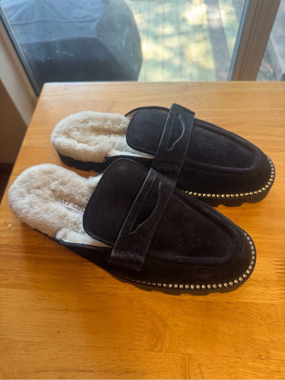 Jimmy Choo Black Suede Fur-Lined Loafer Mules with Crystal Trim - Picture 4 of 4